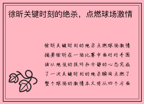 徐昕关键时刻的绝杀，点燃球场激情